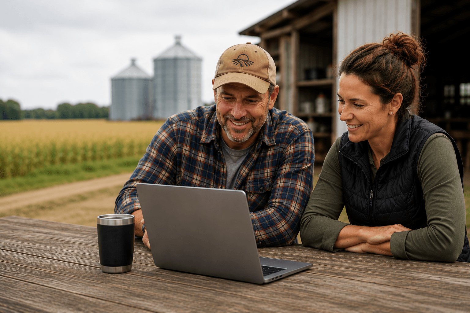 Two suppliers reviewing an opportunity on a laptop